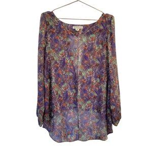 BCBG Generation Sheer Multicolor Water Color Cut Out Back High Low Blouse